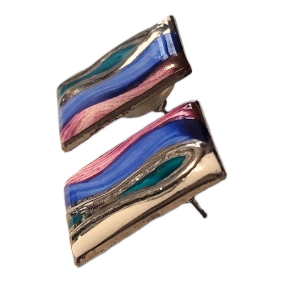 Unique Handcrafted Porcelain Rectangle Hand Painted and Fired Pieced Earrings - Picture 3 of 5